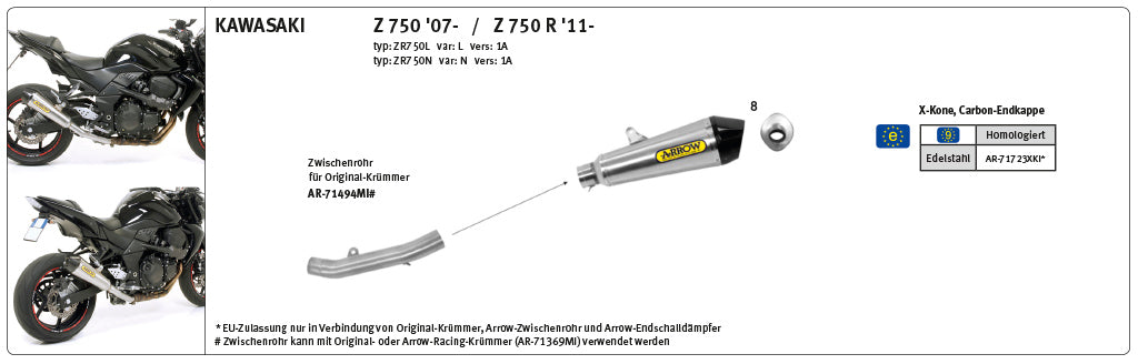 ARROW Zwischenrohr Kawasaki Z750 07- & Z750R 11-